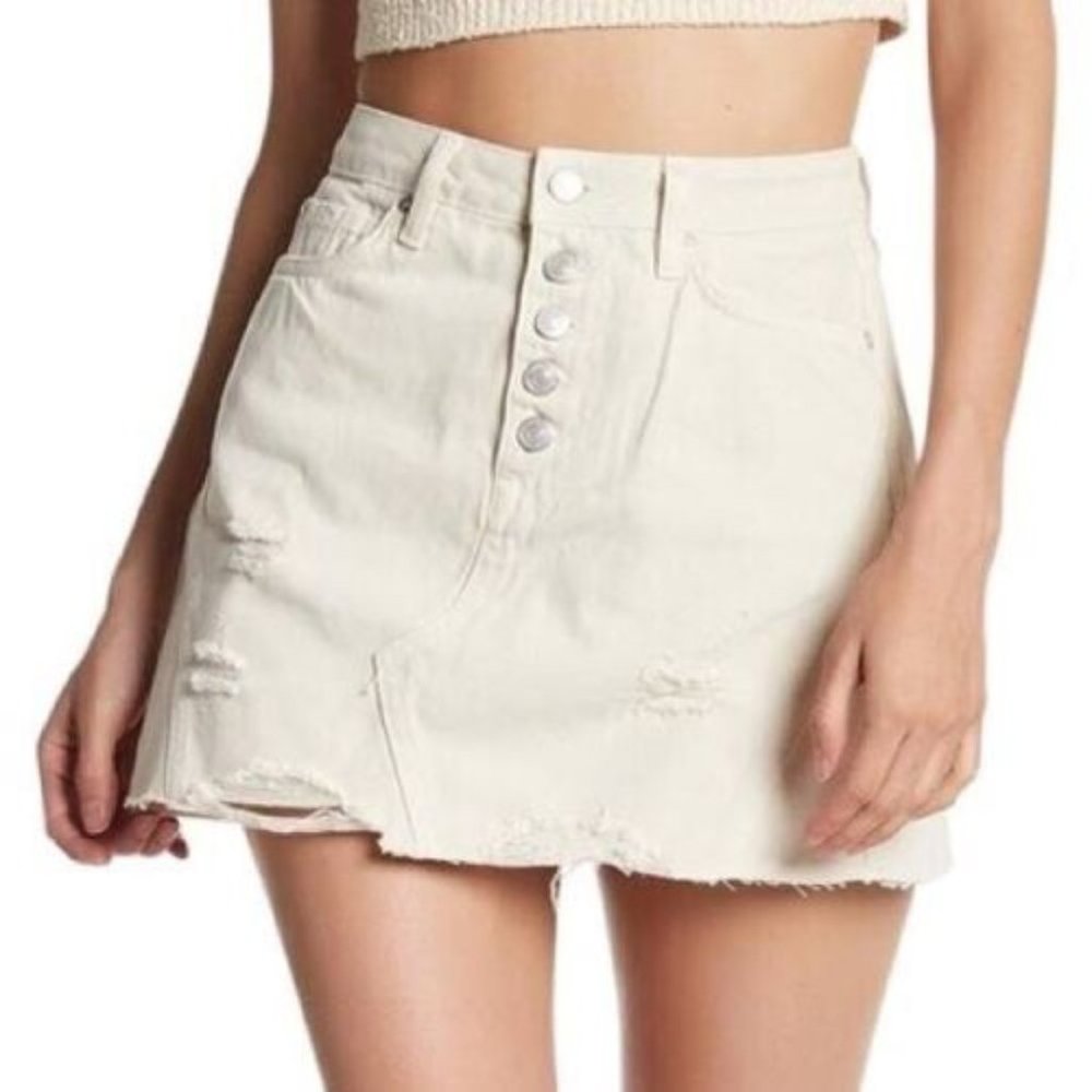 Free People We The Free Ecru Button Fly Denim Mini Skirt Size 24 Distressed